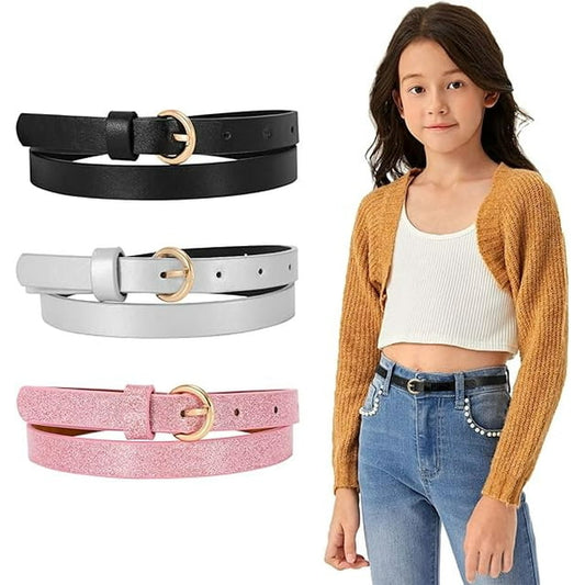 3 Pack Glitter Girls Belt Colorful Kids Skinny Belts for Jeans Dress
