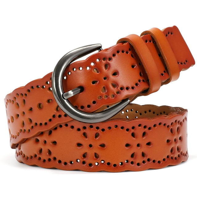 SUOSDEY Hollow Flower Leather Belt for Women Coffee Belt for Jeans Dresses Pants with Gift Box
